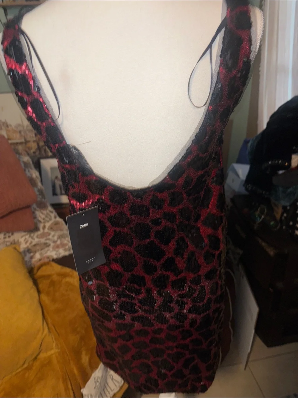 Zara Red & Black Sequin Leopard Slip Dress